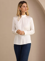 [White] SilkSilky-UK Long Sleeve Stand Collar Women's Blouse 004