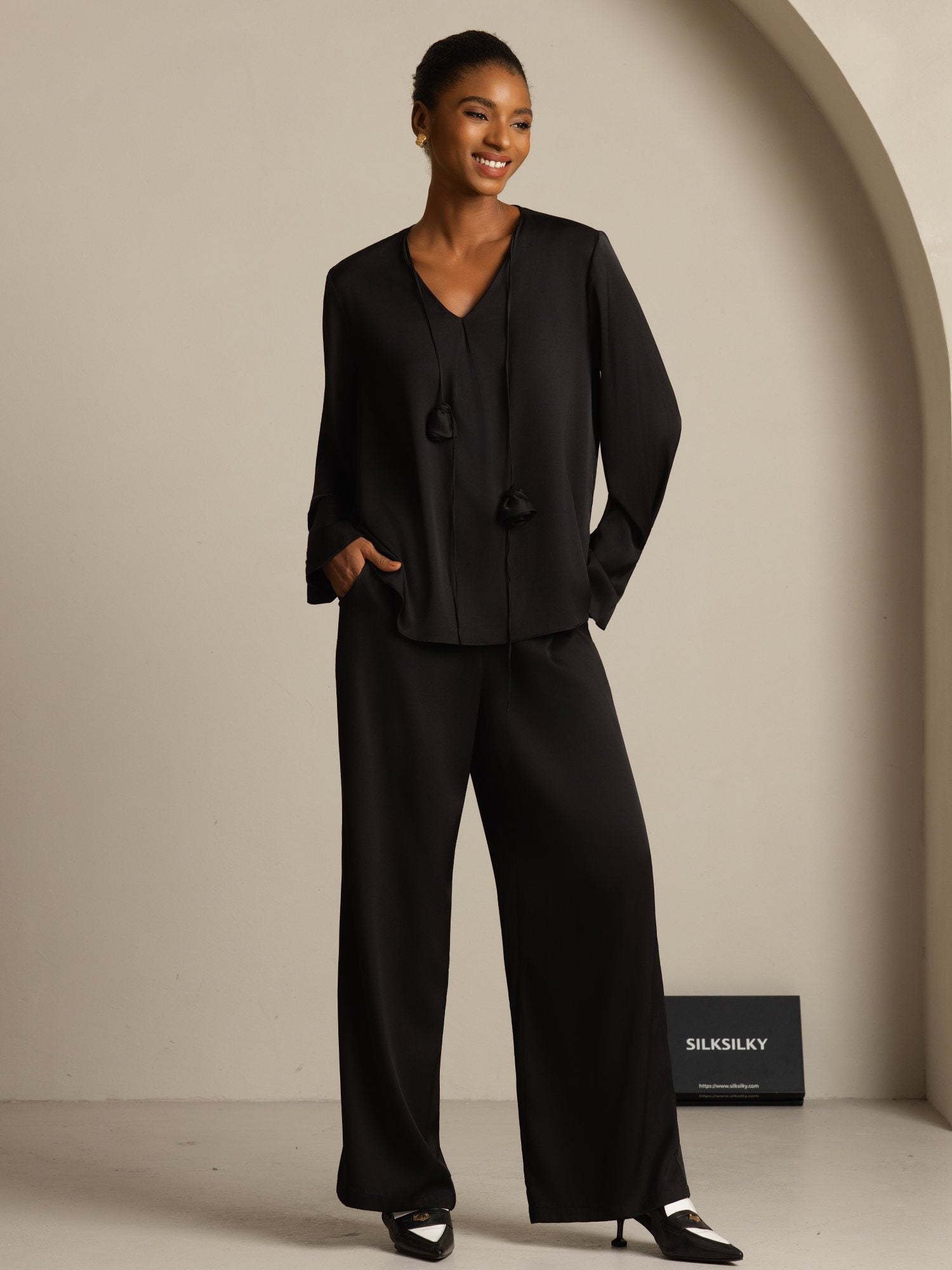 [Black] SilkSilky-UK 19Momme Stretch Silk Double Georgette Long Sleeve V Neck Blouse 006