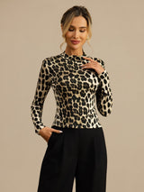 [Leopard] SilkSilky-UK 100% Silk Jersey Long Sleeve Mock Neck Women's T-Shirt 005