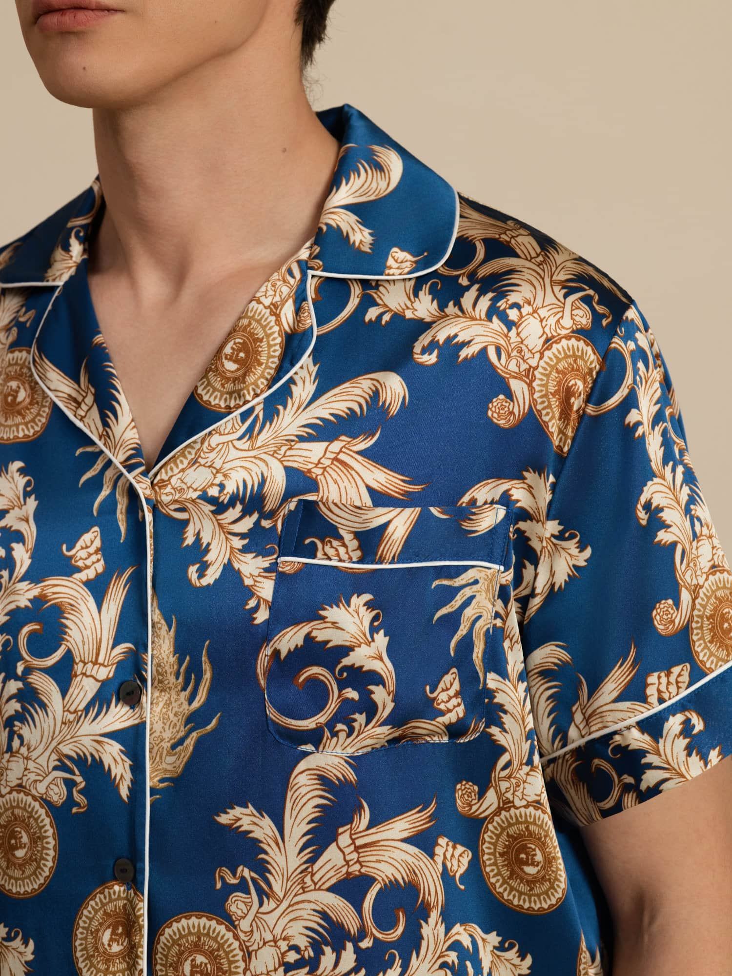 [Navy Dragon] SilkSilky-UK Short Sleeve Notch Collar Men's Pyjamas 002