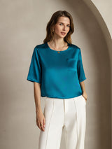 [Teal] SilkSilky-UK Half Sleeve Scoop Neck Women's T-Shirt 004