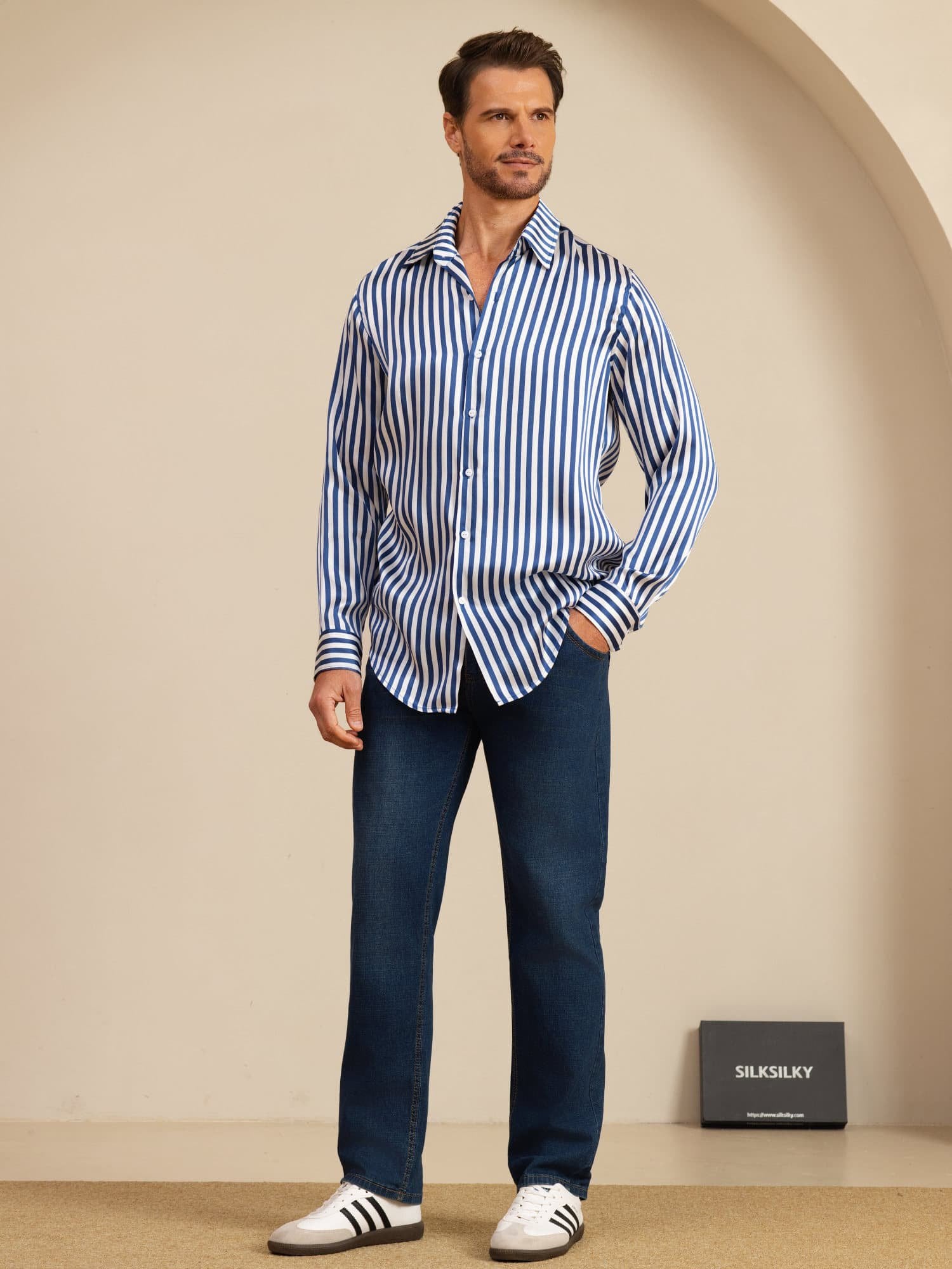 [Navy Stripe] SilkSilky-UK 19Momme Stretch Silk Charmeuse Long Sleeve Lapel Collar Men's Shirt 007