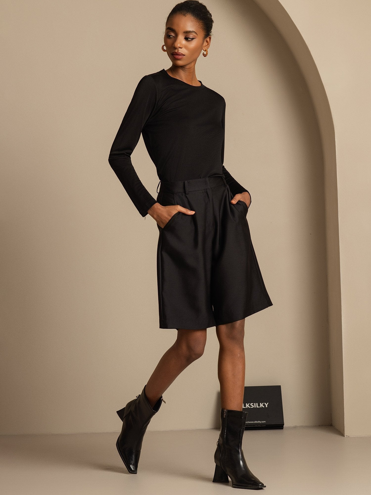 [Black] SilkSilky-UK 32Momme Silk-Wool Blend Womens Shorts 006,