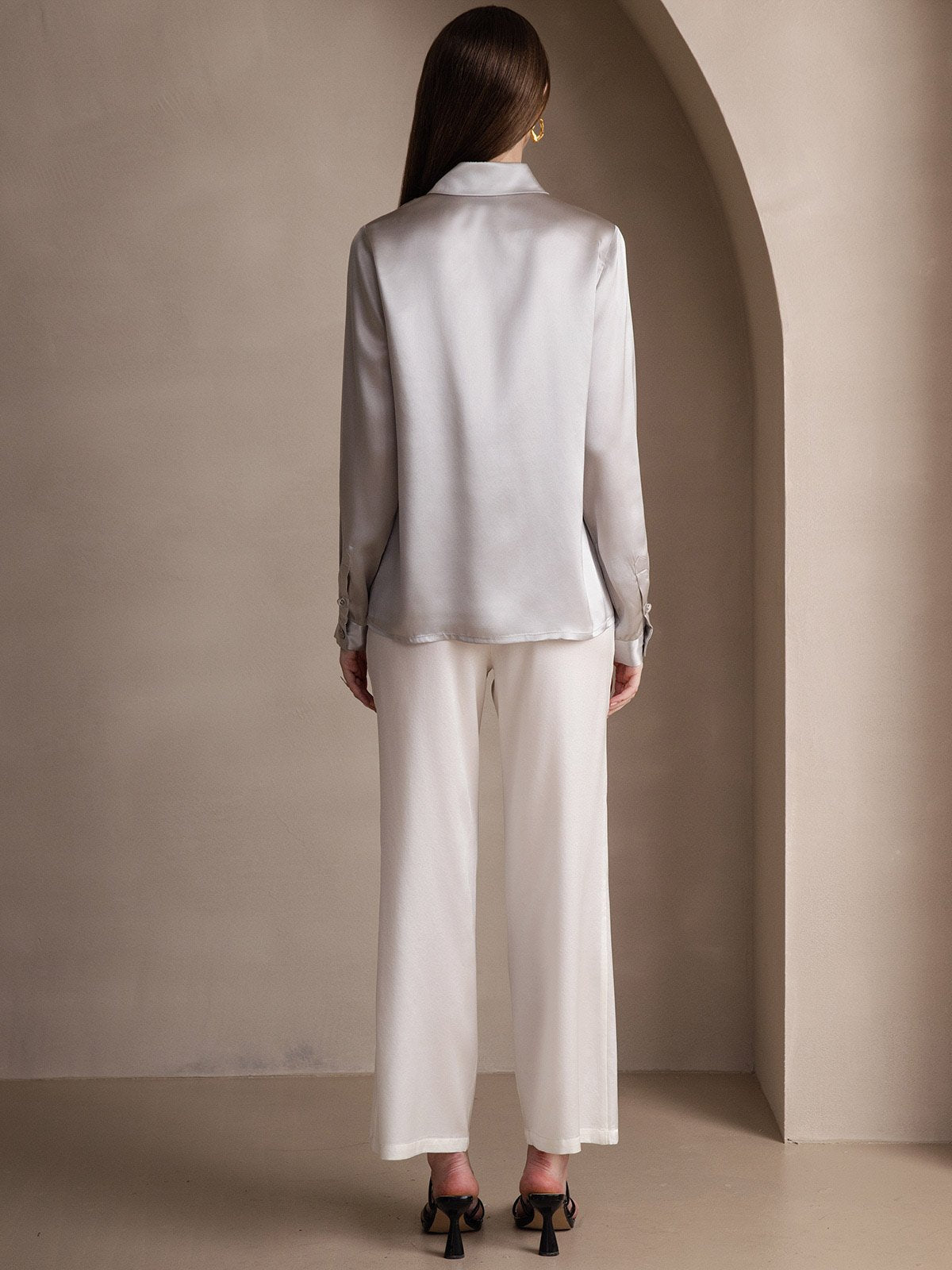 [Light Gray] SilkSilky-UK 19Momme Silk Long Sleeve Collar Women's Shirt 002