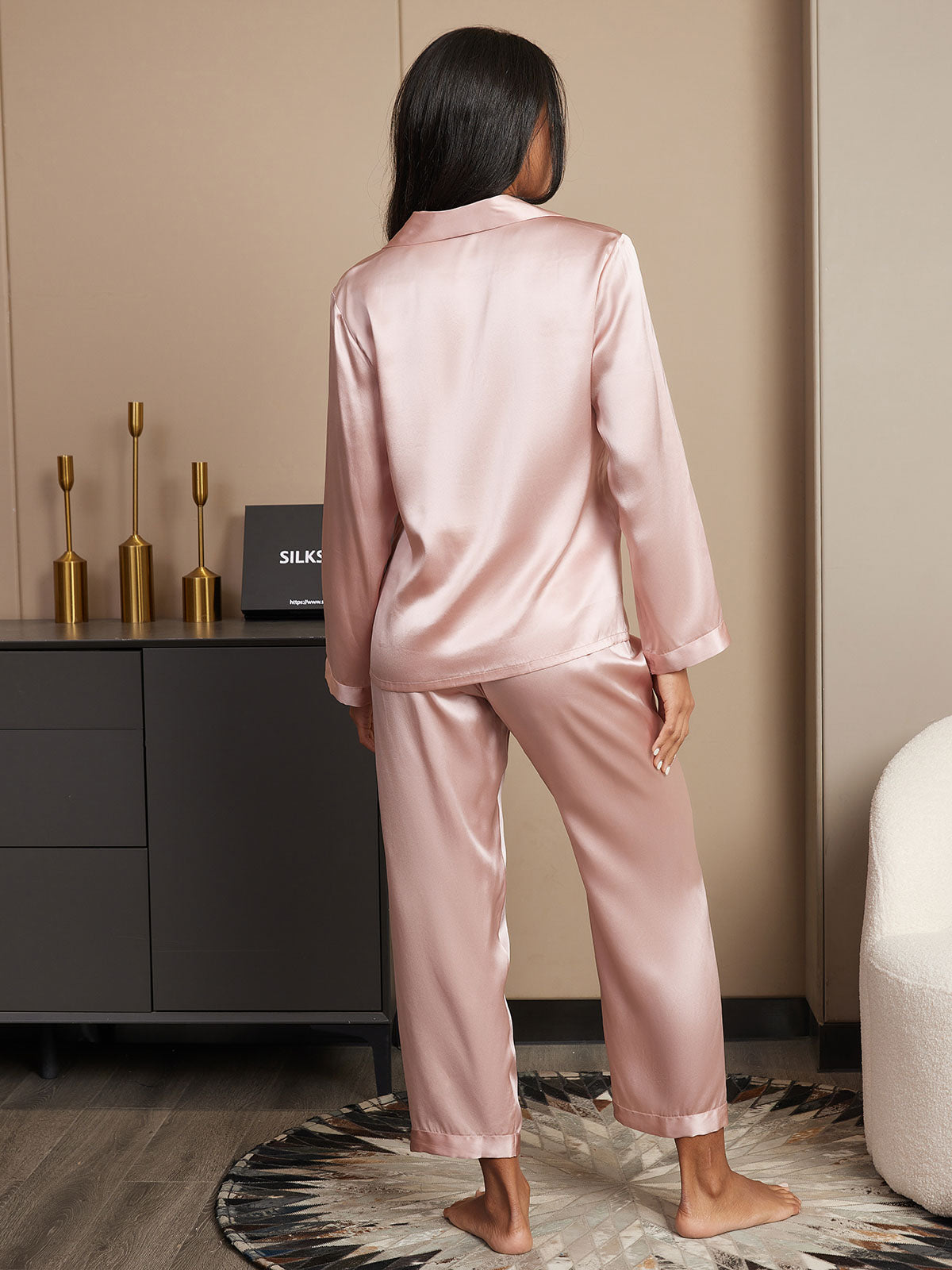 SilkSilky-UK Pure Silk Long Sleeve Lapel Women's Pyjamas Pink 002