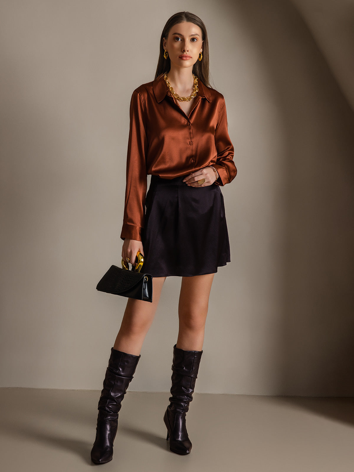 [Caramel] SilkSilky-UK 19Momme Stretch Silk Charmeuse Long Sleeve Lapel Collar Women's Shirt 005