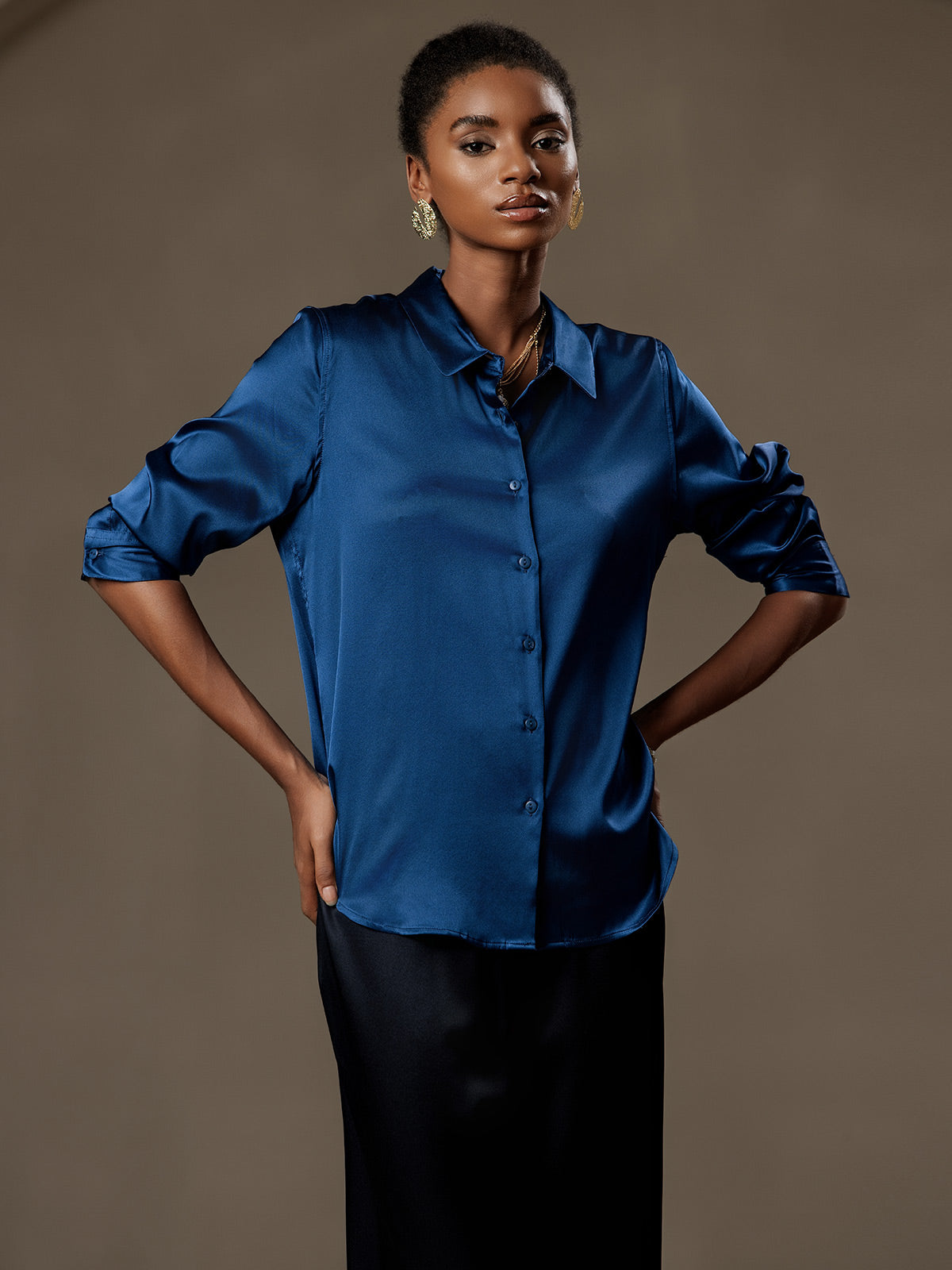 [Teal] SilkSilky-UK Silk Long Sleeve Collar Women's Shirt 007