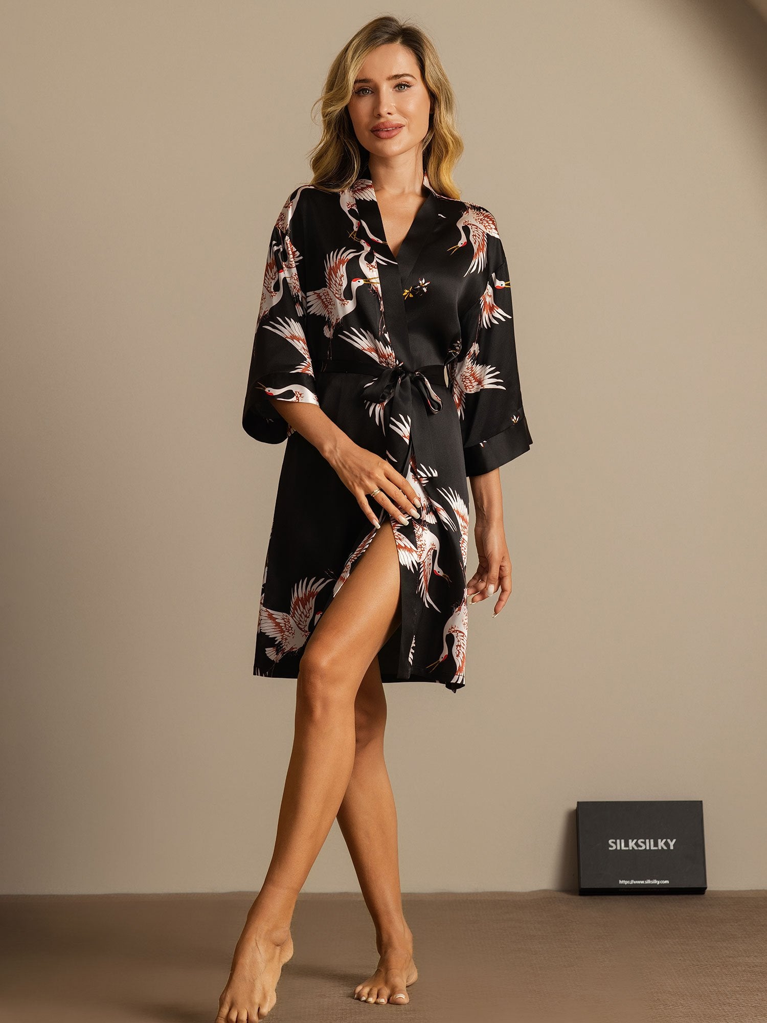 [Black] SilkSilky-UK 19Momme Pure Silk Wrap Women's Dressing Gown 003