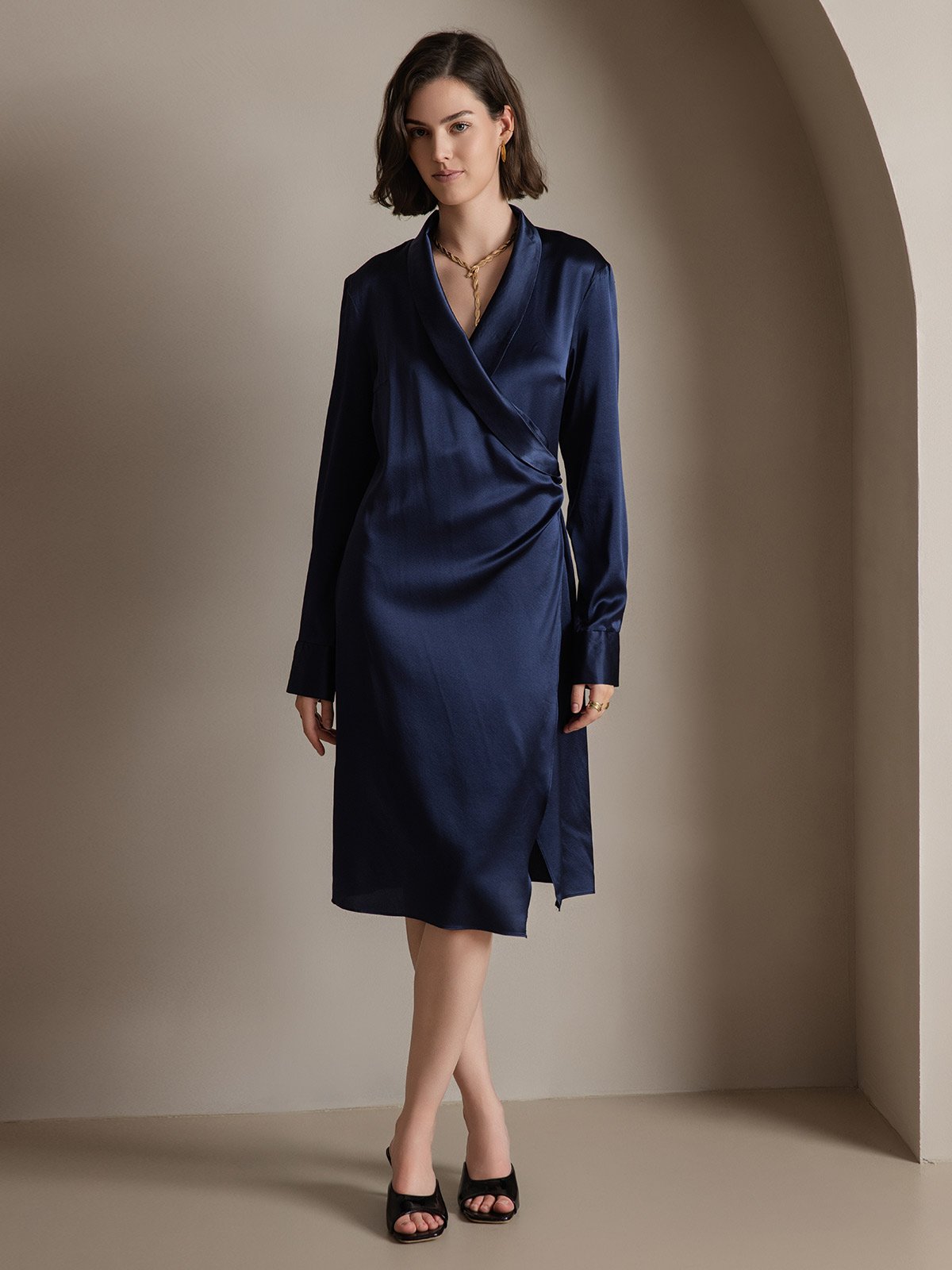 [Dark Blue] SilkSilky-UK 19Momme Silk V Neck Dress 004