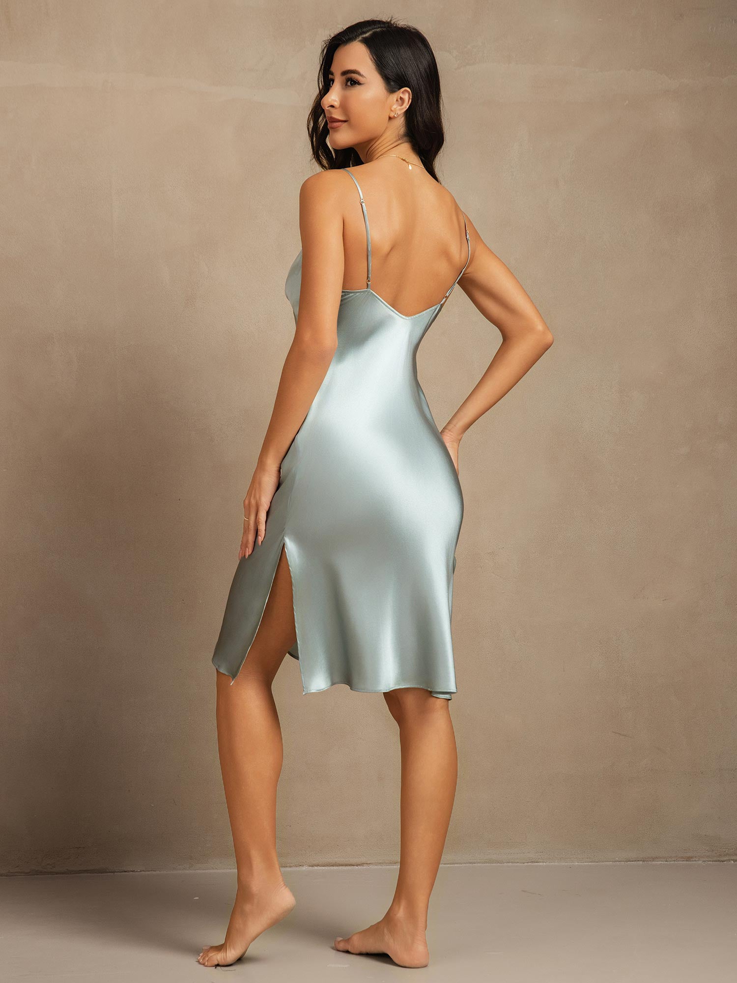 [Light Blue] SilkSilky-UK Pure Silk V Neck Dress 002
