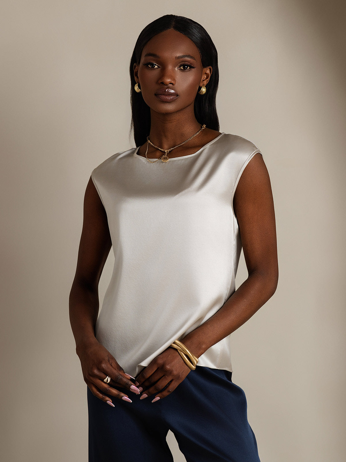 [Light Gray] SilkSilky-UK 19Momme Silk Round Neck Women's T-Shirt 003