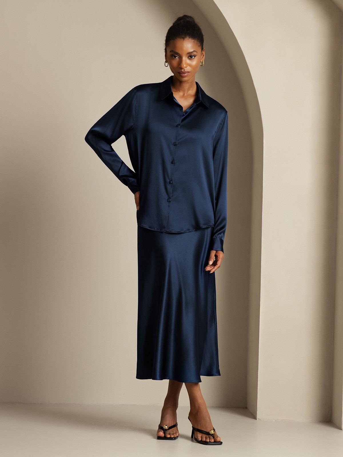 [Dark Blue] SilkSilky-UK 19Momme Silk Knitted Collar Women''s Outfit Sets 006,