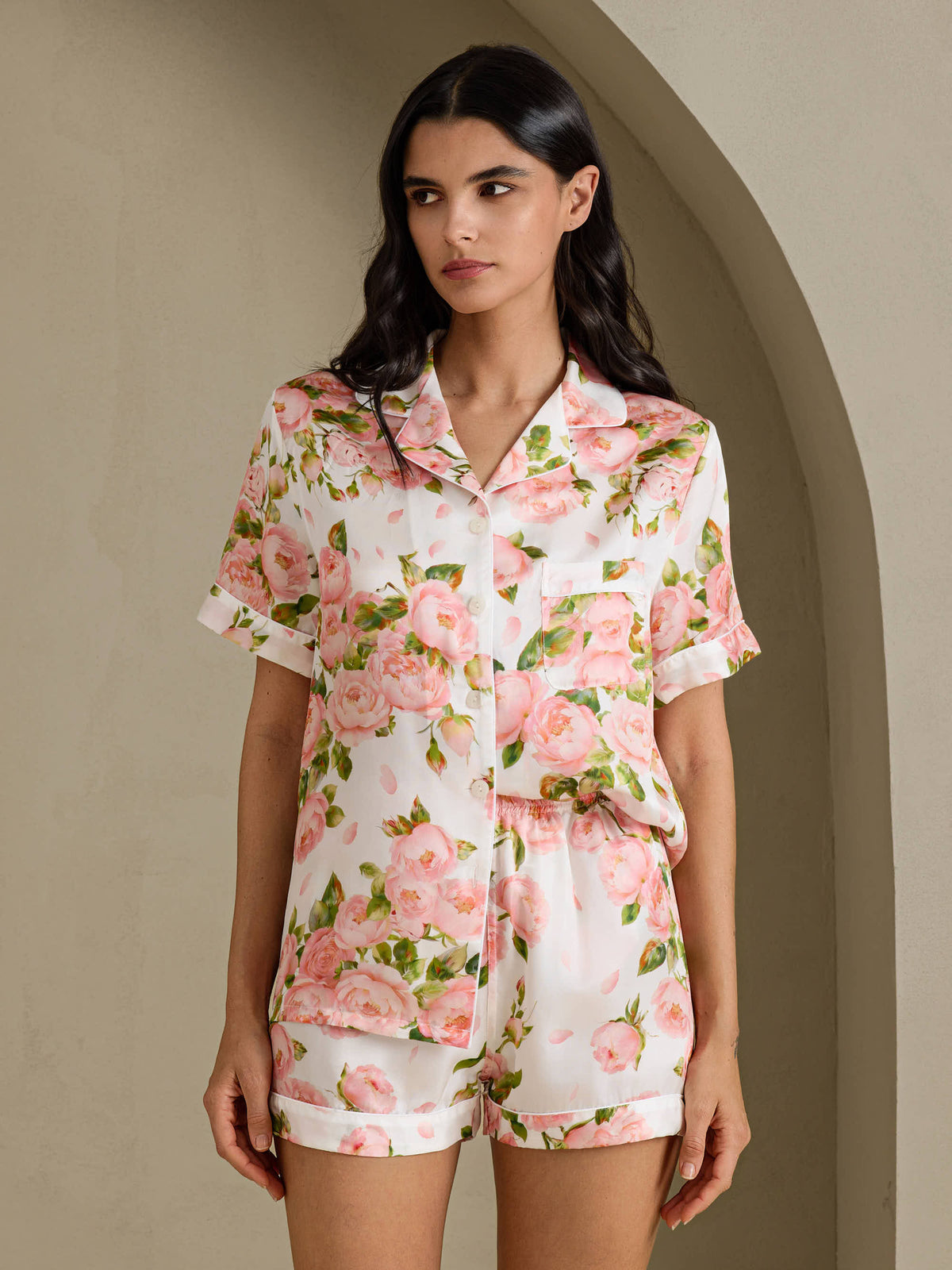 [White Peony] SilkSilky-UK Short Sleeve Notch Collar Women's Pyjamas 001