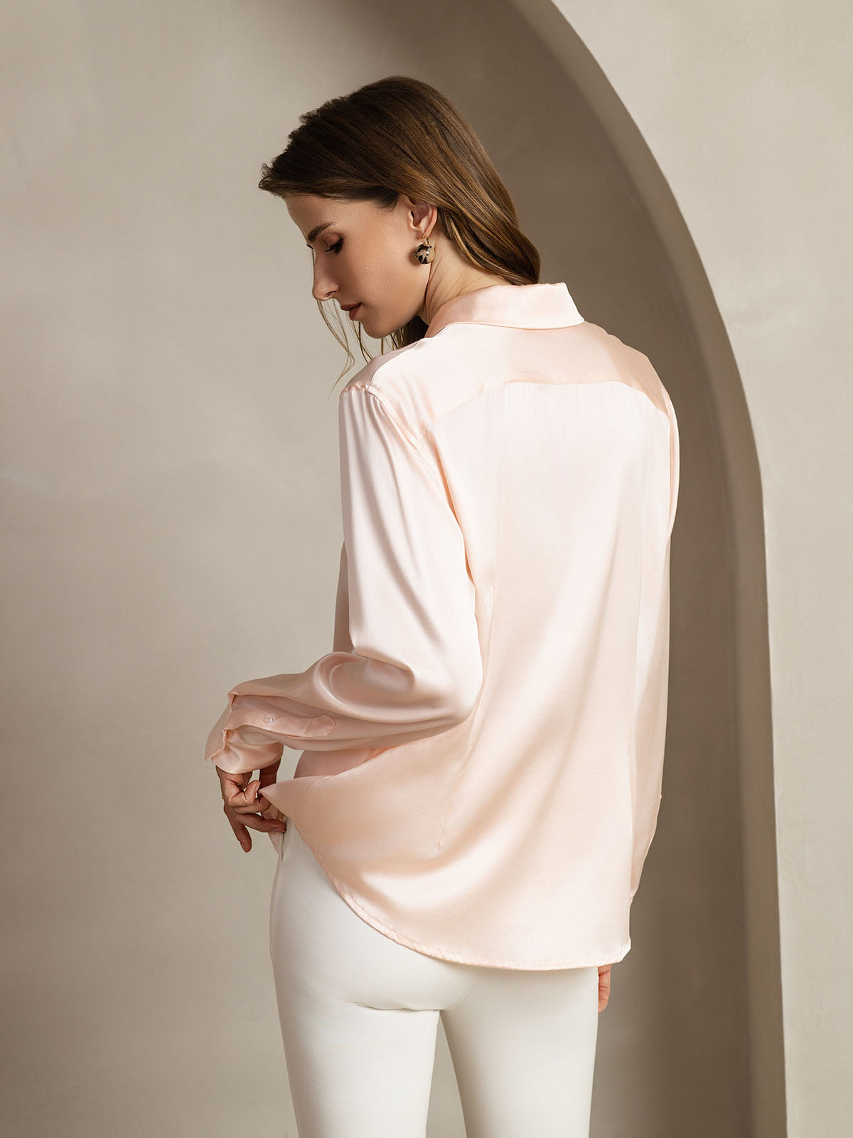 [Light Pink] SilkSilky-UK Silk Long Sleeve Collar Women's Shirt 002