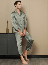 [Grayish Green] SilkSilky-UK Pure Silk Long Sleeve Lapel Men's Pyjamas 003