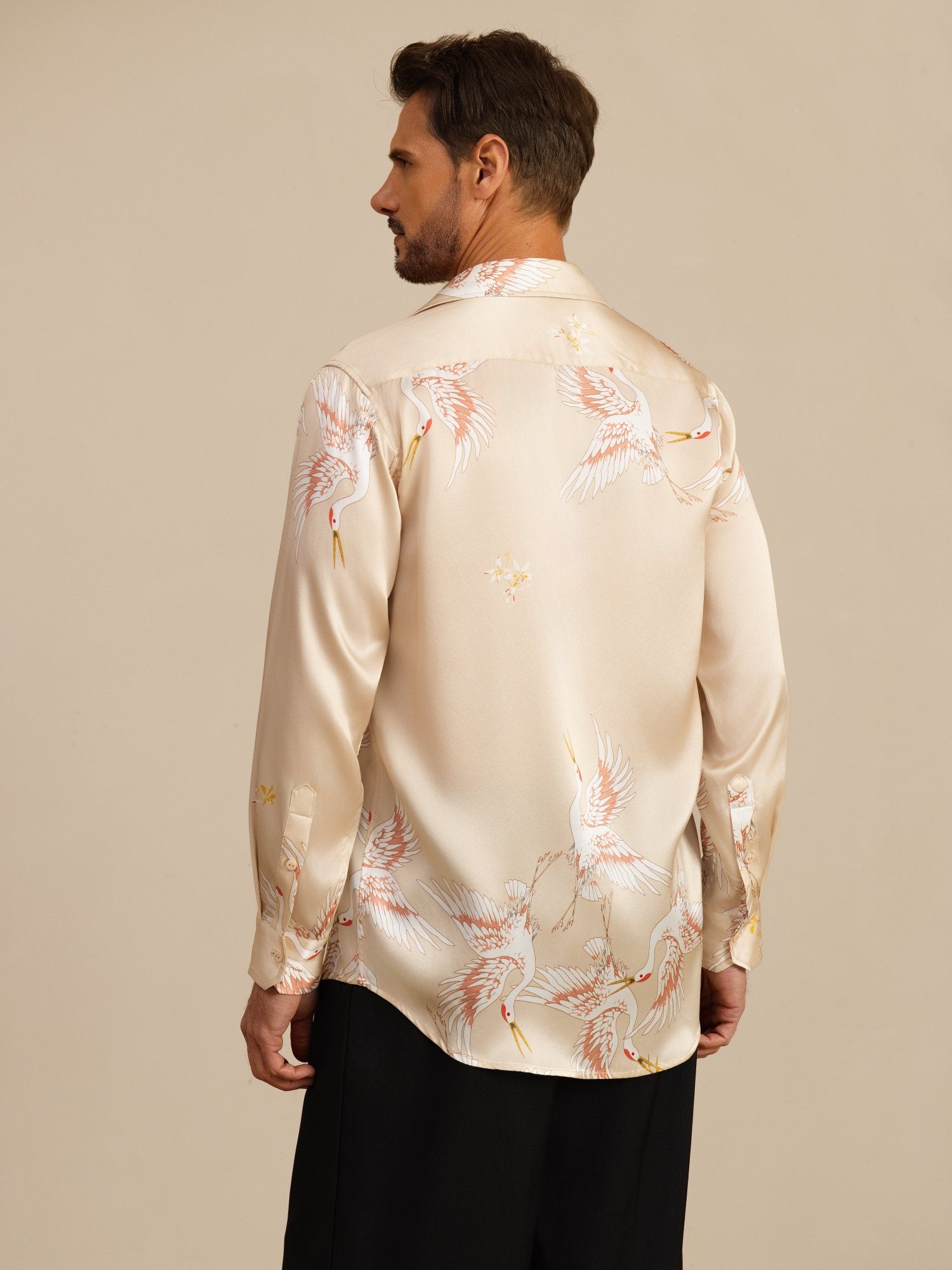 [Champagne] SilkSilky-UK 19Momme Long Sleeve Lapel Collar Men's Shirt 002