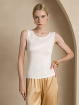 [White] SilkSilky-UK 100% Silk Jersey Sleeveless Round Neck Women's T-Shirt 001