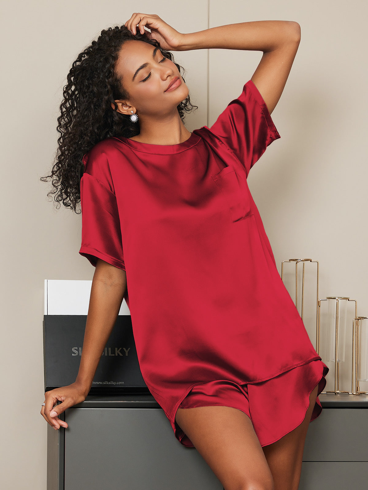 [Wine] SilkSilky-UK Pure Silk Round Neck Women's Pyjamas 005