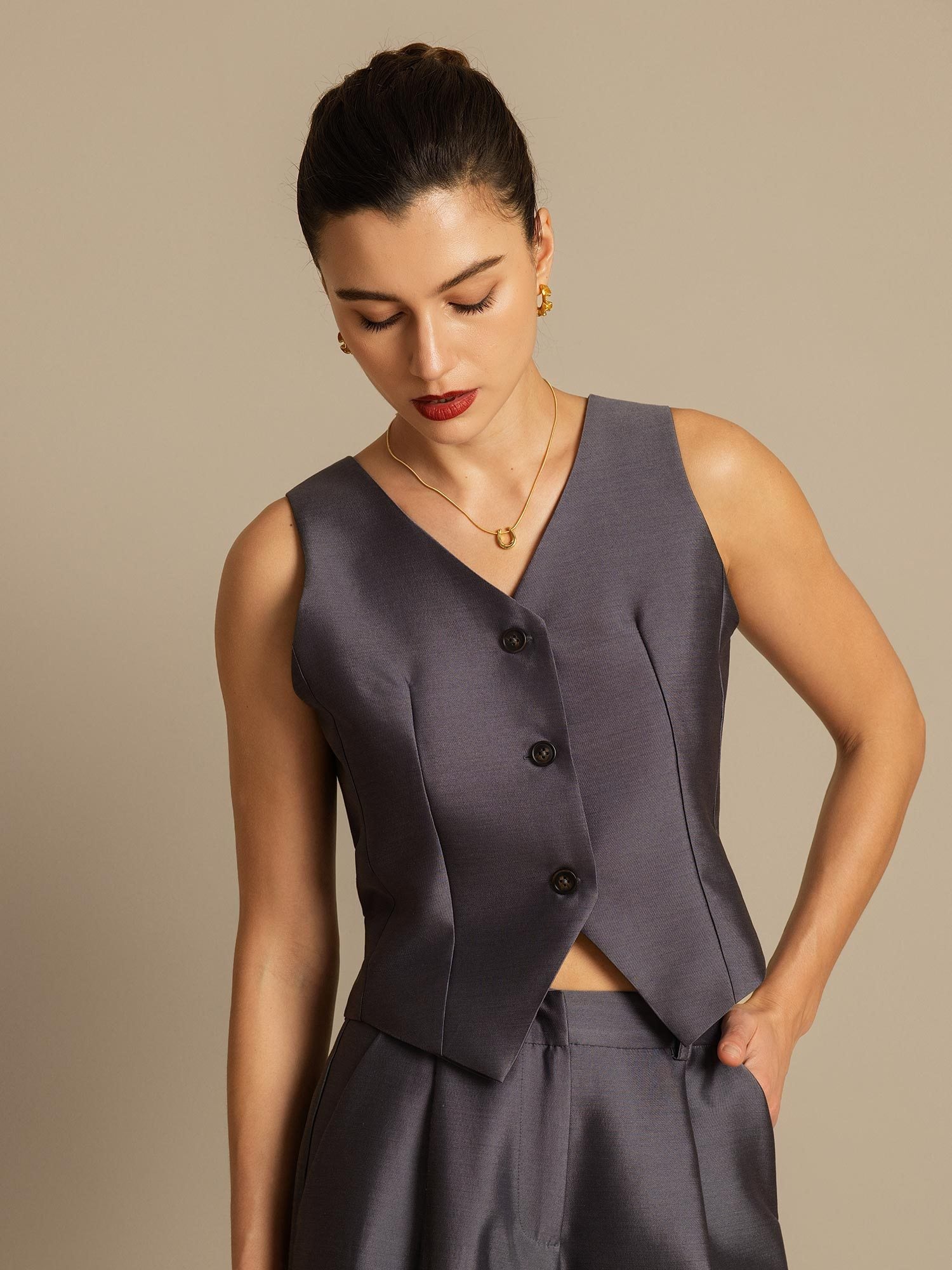[Gray] SilkSilky-UK 32Momme Silk-Wool Blend V Neck Women's Vest 007