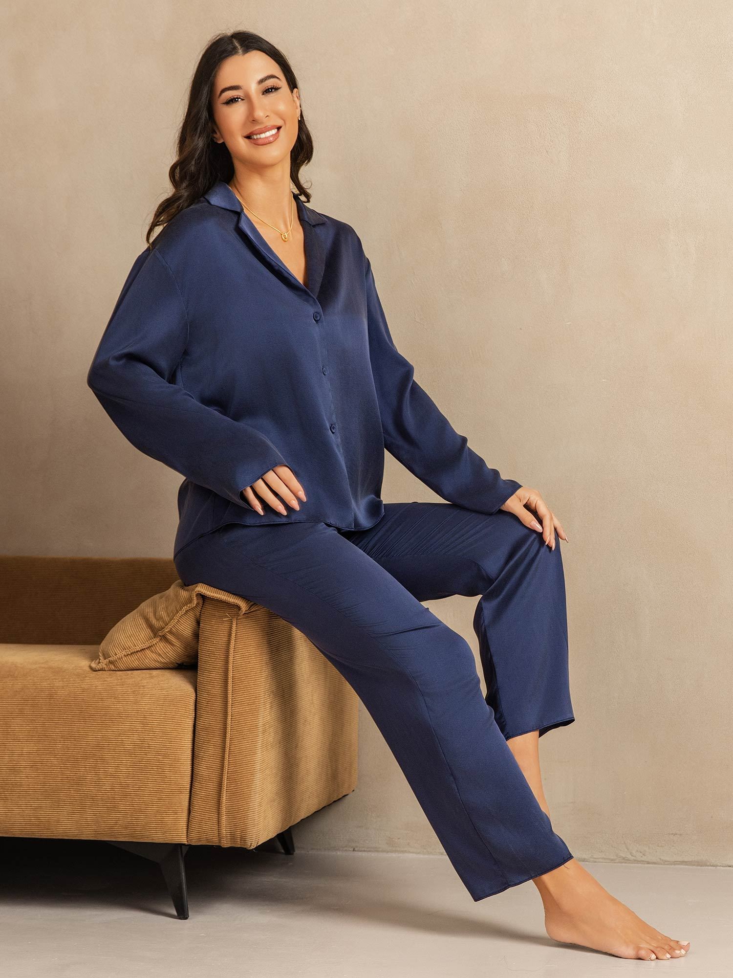 [Dark Blue] SilkSilky-UK 19Momme Machine-Washable Silk Notched Neck Women's Pyjamas 008