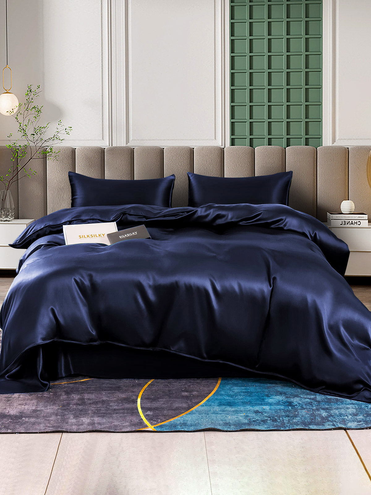 SilkSilky UK 25Momme Pure Silk Bedding Set DarkBlue 001