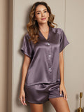 SilkSilky UK Pure Silk Short Sleeve V Neck Women's Pyjamas PurpleGray 001