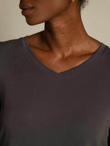 [Gray] SilkSilky-UK 100% High-Twist Silk Jersey Short Sleeve V Neck Women's T-Shirt 004