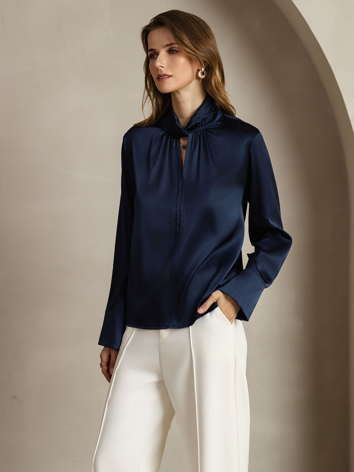 [DarkBlue] SilkSilky-UK 19Momme Silk Keyhole Neck Women's Shirt 003