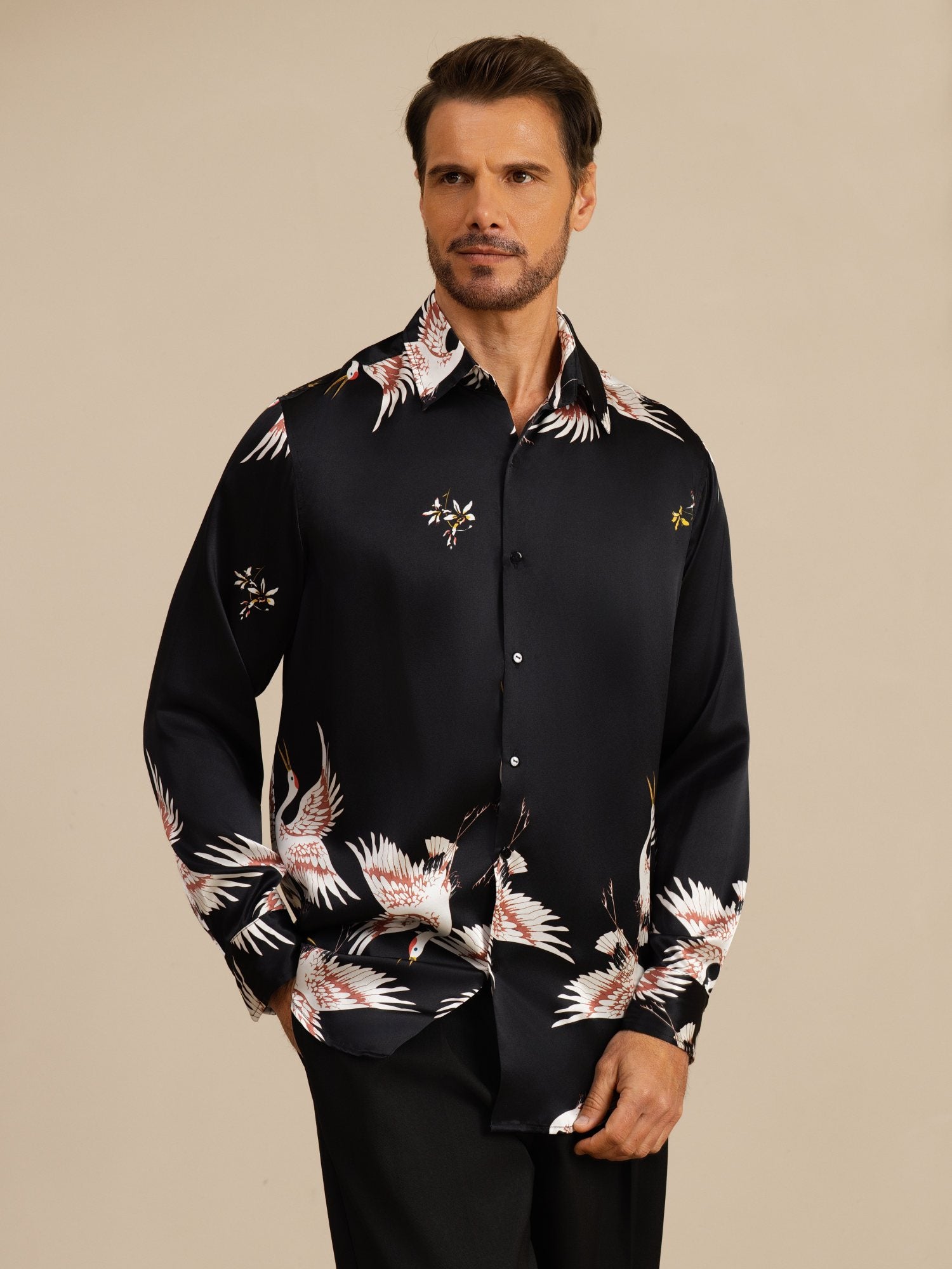 [Black] SilkSilky-UK 19Momme Long Sleeve Lapel Collar Men's Shirt 001