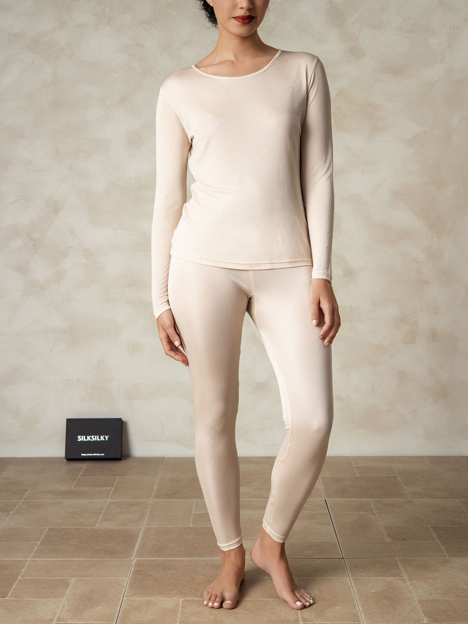[Tan] SilkSilky-UK Silk Knitted Round Neck Long Johns 001