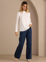 [White] SilkSilky-UK Long Sleeve Stand Collar Women's Blouse 006