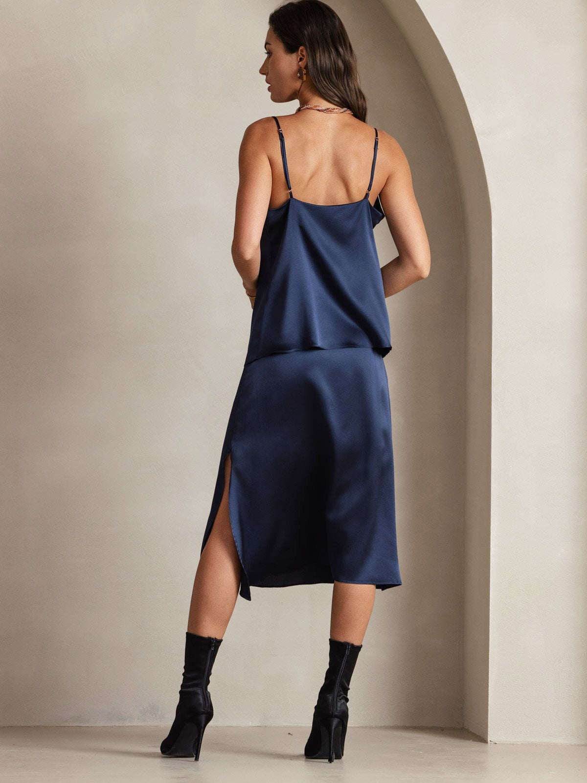 [Dark Blue] SilkSilky-UK 19Momme Silk Spaghetti Strap Cowl Neck Camisole 002