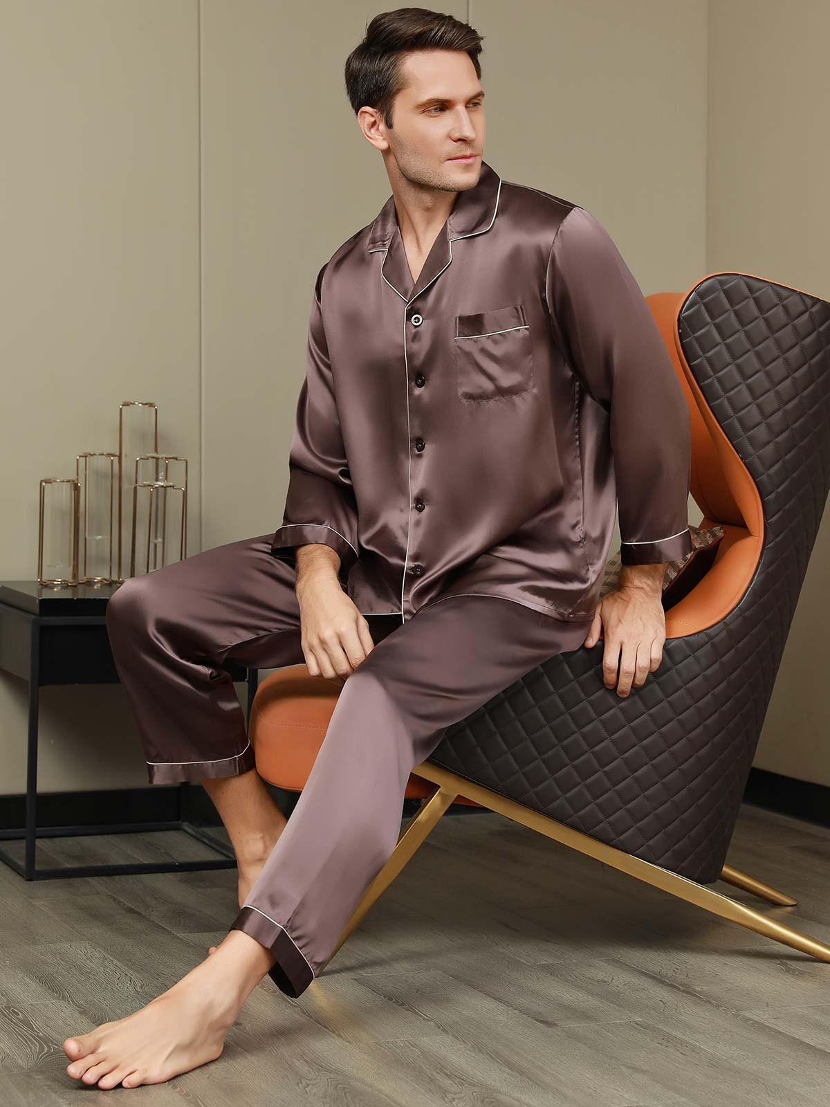 SilkSilky UK Pure Silk Long Sleeve Lapel Men's Pyjamas Coffee 001