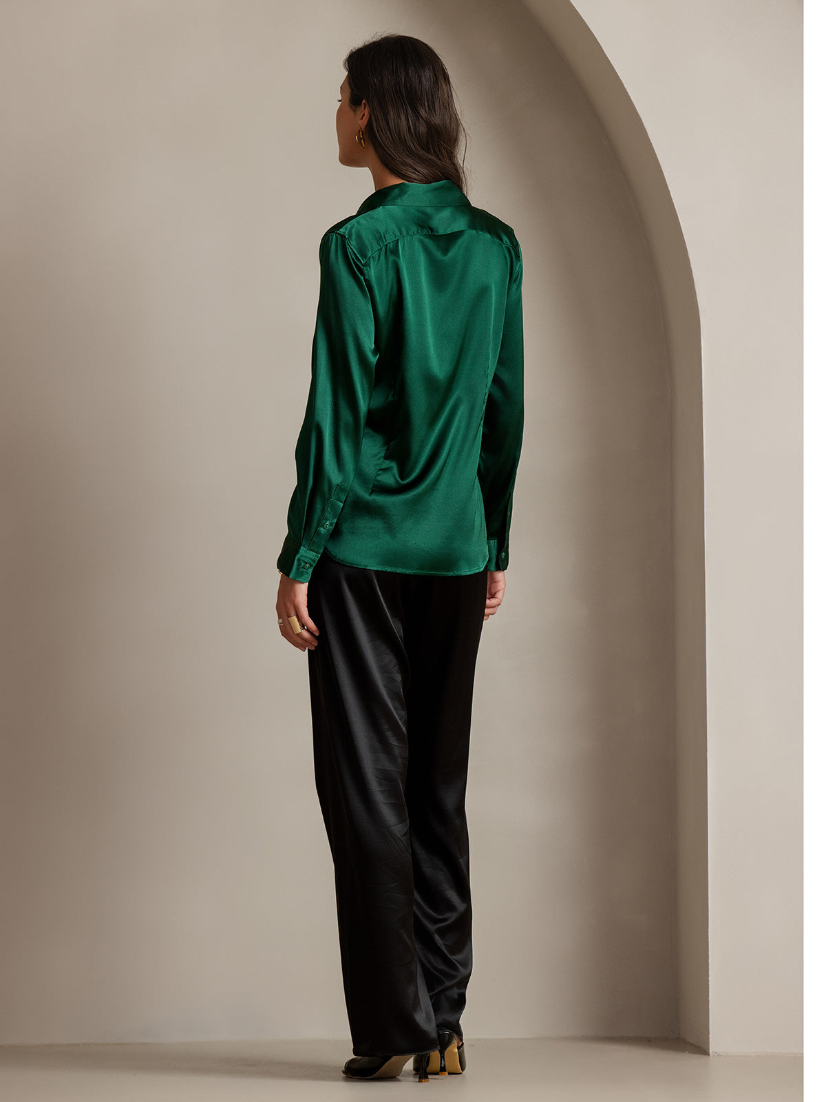 [Dark Green] SilkSilky-UK Silk Long Sleeve Collar Women's Shirt 002