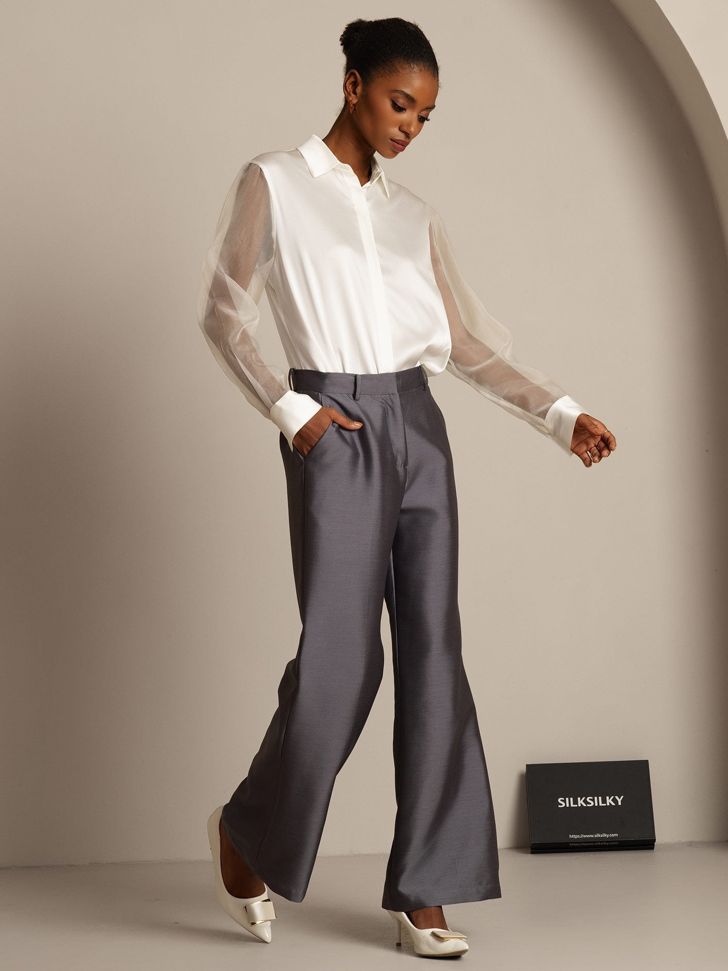 [Gray] SilkSilky-UK 32Momme Silk-Wool Blend Womens Pants 008,