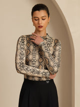[Snakeskin] SilkSilky-UK 100% Silk Jersey Long Sleeve Mock Neck Women's T-Shirt 005