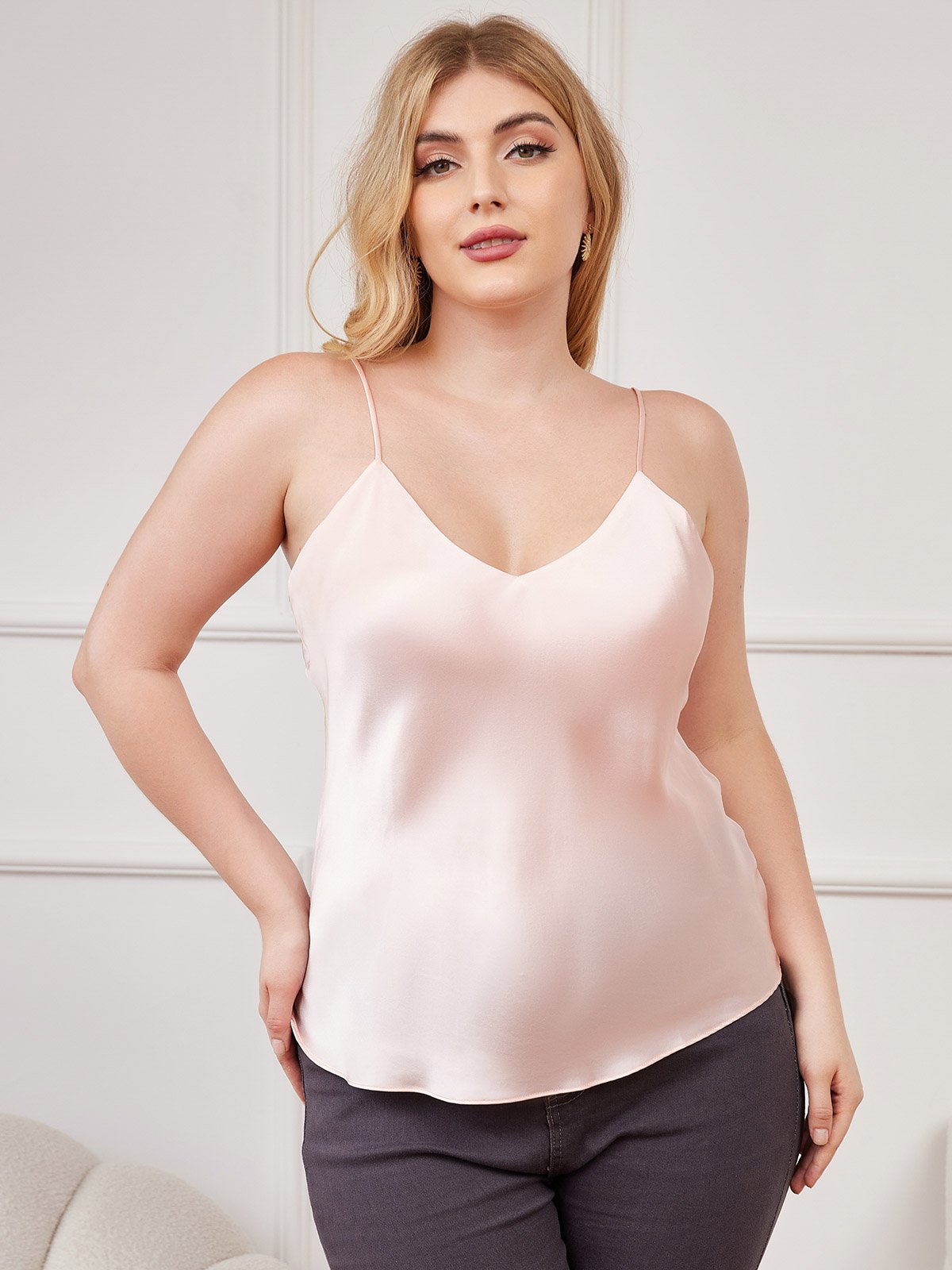 SilkSilky UK Pure Silk V Neck Plus Size Camisole Top Pink 003