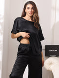 SilkSilky UK Pure Silk Short Sleeve Round Neck Women's Pyjamas Black 003