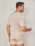 SilkSilky-UK Silk Knitted Short Sleeve V Neck Men's T-Shirt Beige 002