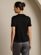 [Black] SilkSilky-UK Silk Knitted Short Sleeve Mock Neck Women's T-Shirt 002