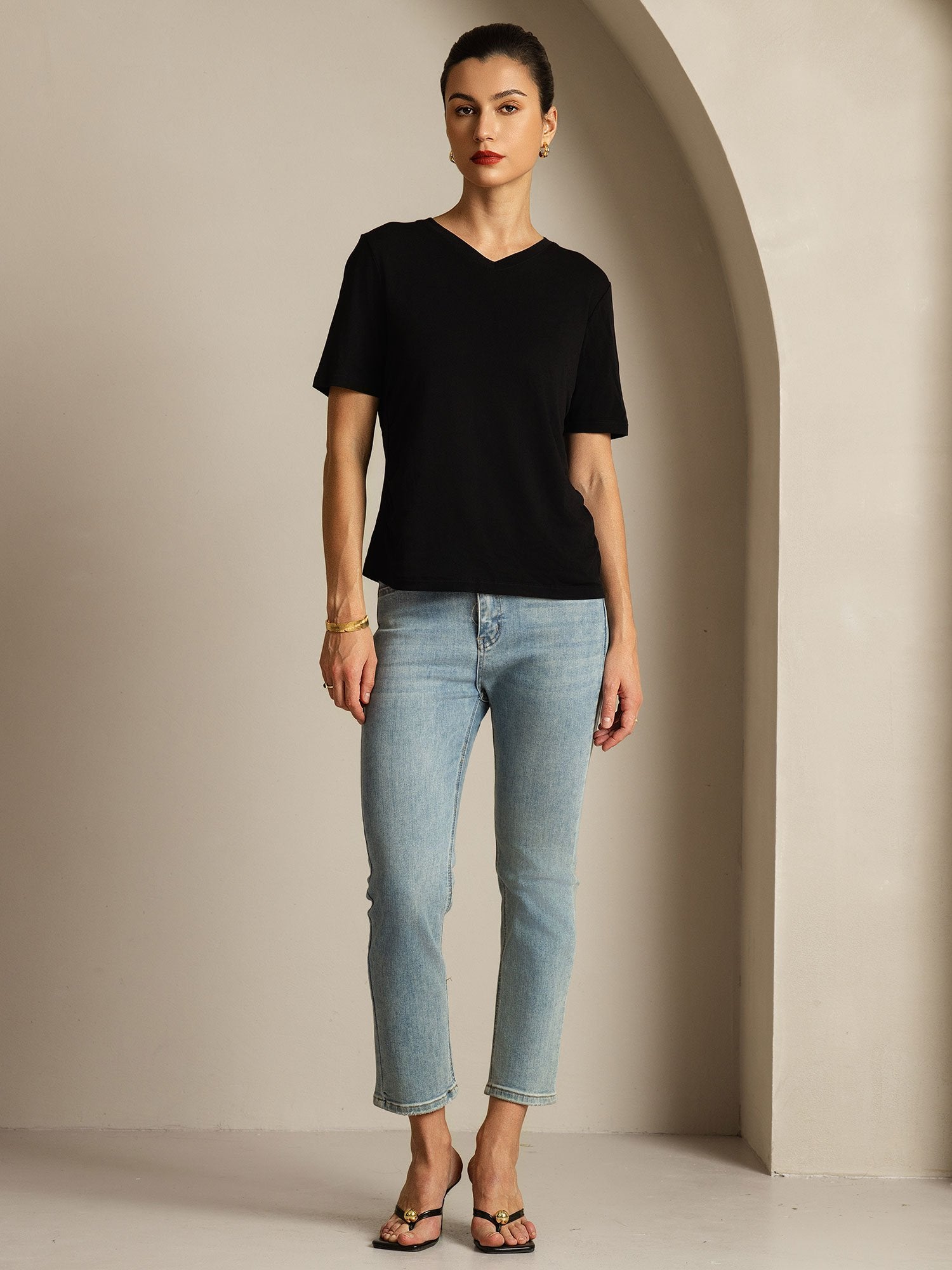 [Black] SilkSilky-UK Pure Silk V Neck Women's T-Shirt 008