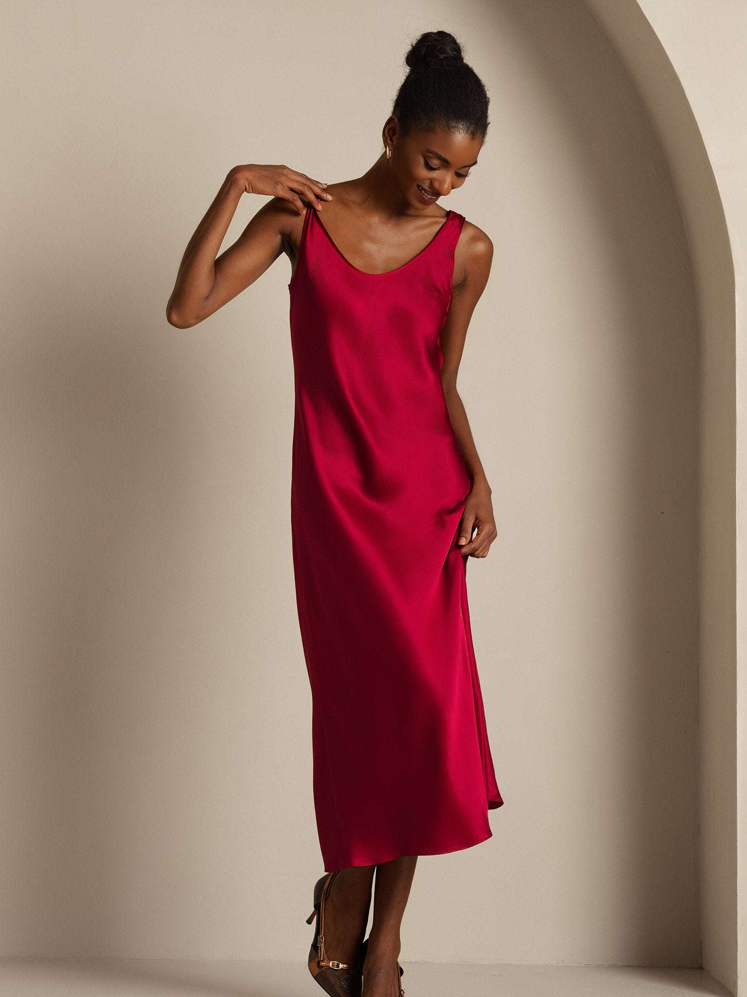[Wine] SilkSilky-UK Pure Silk Boat Neck Dress 005,