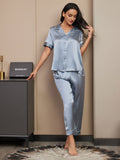 SilkSilky UK Pure Silk Short Sleeve Lapel Women's Pyjamas SteelBlue 003