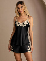 [Black] SilkSilky-UK Spaghetti Strap V Neck Camisole Set 003