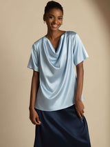 [Grayish Blue] SilkSilky-UK Short Sleeve Cowl Neck Women's Blouse 004