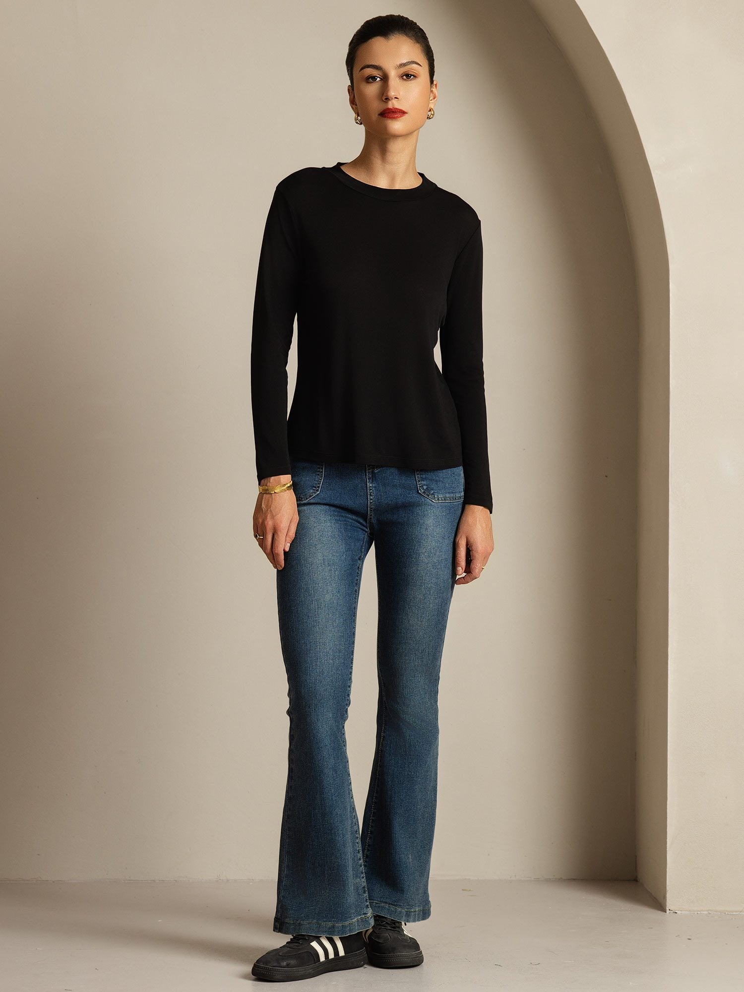 [Black] SilkSilky-UK Pure Silk Round Neck Women's T-Shirt 004