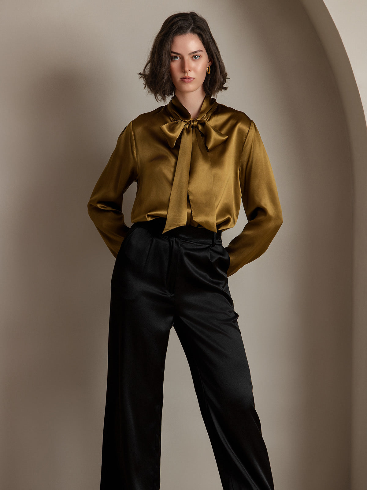 [Brown] SilkSilky-UK 19Momme Silk Long Sleeve Tie Neck Women's Shirt 003