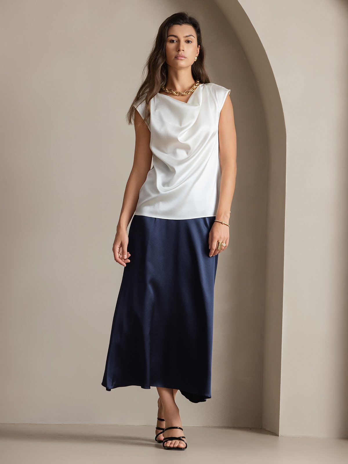 [White] SilkSilky-UK 19Momme Silk Cap Sleeve Cowl Neck Women's T-Shirt 007