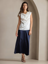 [White] SilkSilky-UK Cap Sleeve Cowl Neck Women's T-Shirt 007