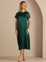 [Dark Green] SilkSilky-UK Short Sleeve Round Neck Dress 005